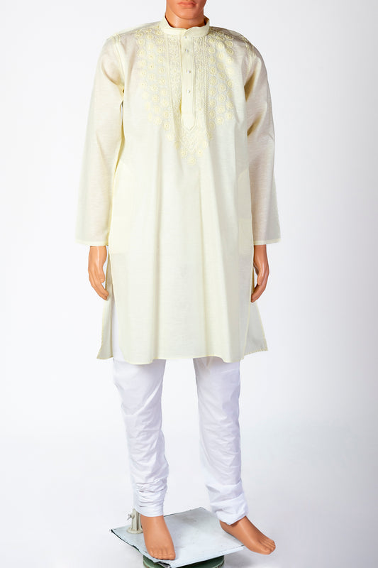 Lucknow Chikan Emporium Cotton Yellow Colour Gents Kurta Fancy Hand Chikankari.