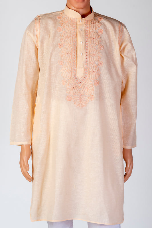 Lucknow Chikan Emporium Cotton Peach Colour Gents Kurta Fancy Hand Chikankari.