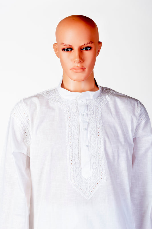 Lucknow Chikan Emporium Cotton White Colour Gents Kurta With Self Stripes And Fancy Hand Chikankari On Nec.