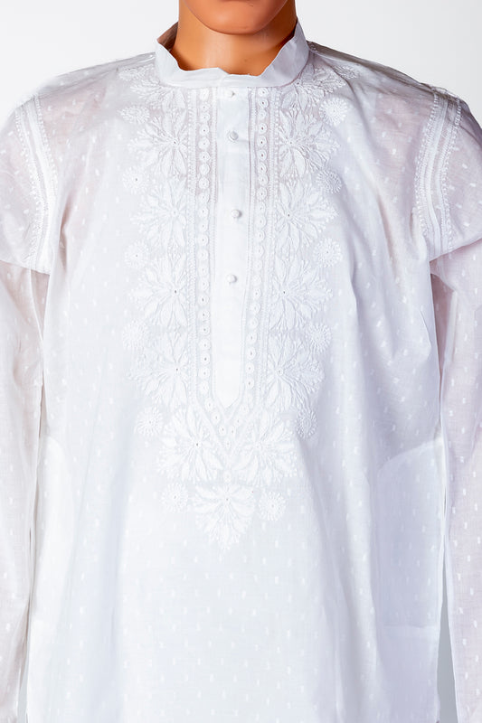 Lucknow Chikan Emporium Cotton White Colour Gents Kurta Fancy Hand Chikankari.