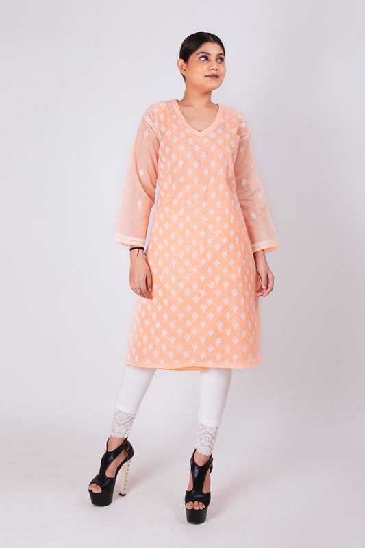 Cotton Kurti Elegant peach Hand Chikankari Lucknow Chikan Emporium.